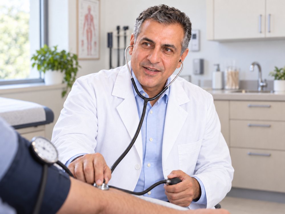 Dr. Jonas Goldberg checking a patient's blood pressure