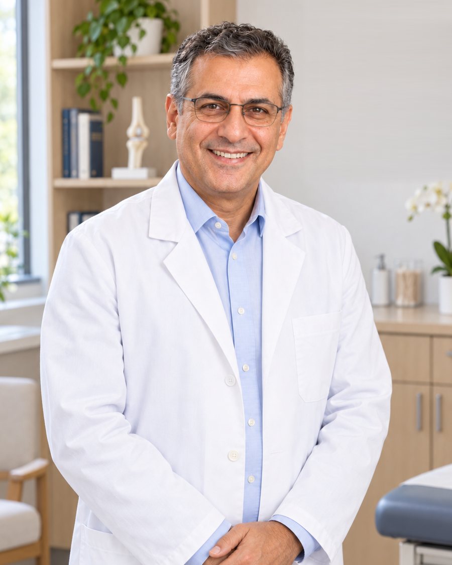 Dr. Jonas Goldberg in a white coat, smiling, in a bright office