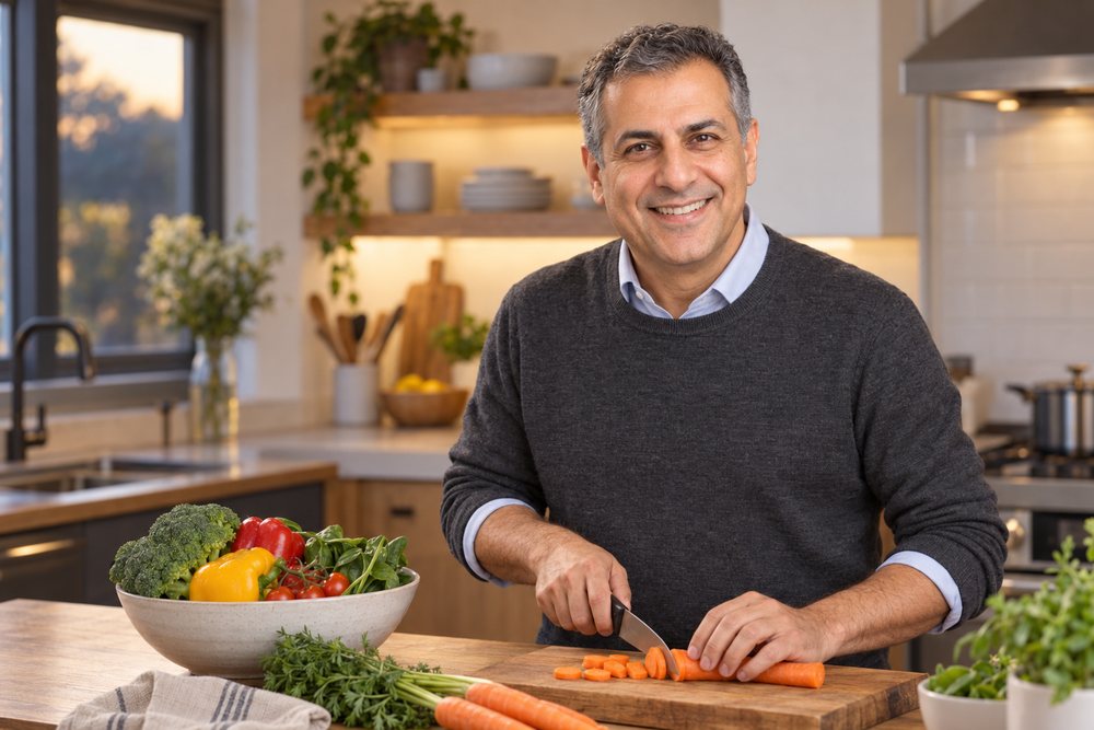 Dr. Jonas Goldberg at a kitchen counter with fresh vegetables
