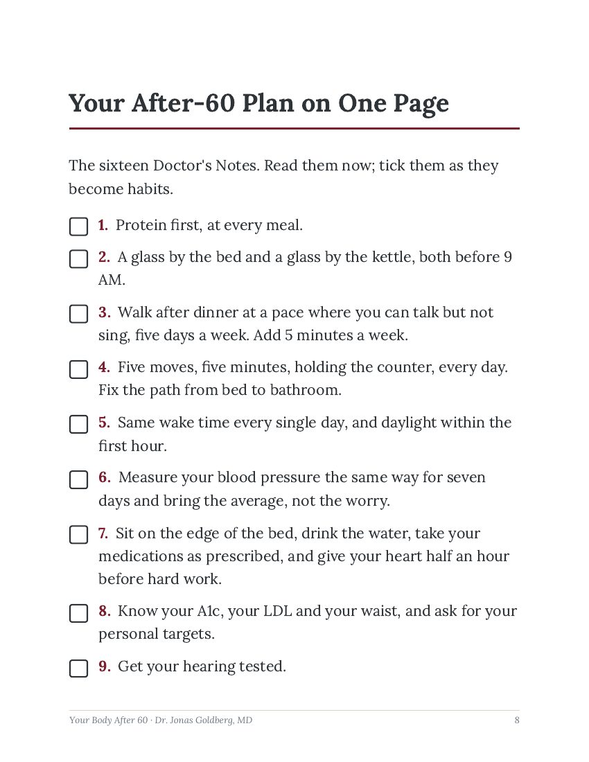 Book page: your after-60 plan on one page, a checklist of sixteen habits