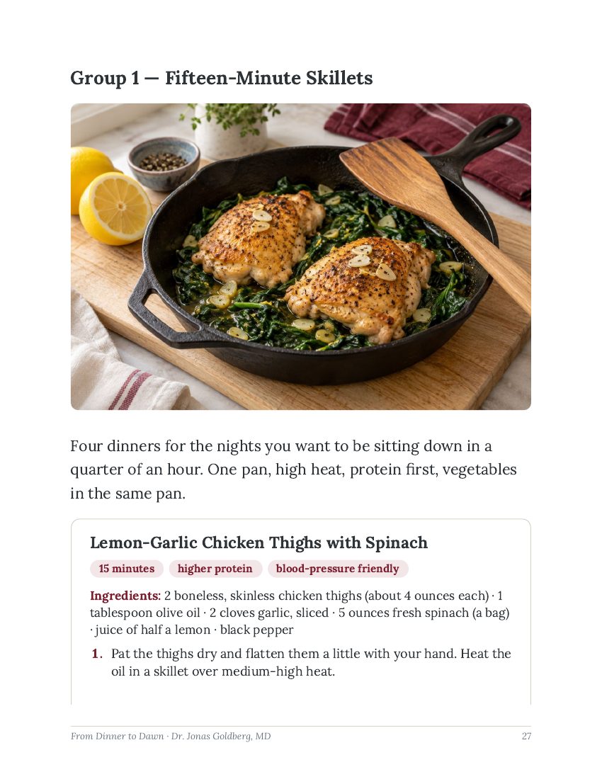 Recipe page with a photo of a chicken skillet dinner