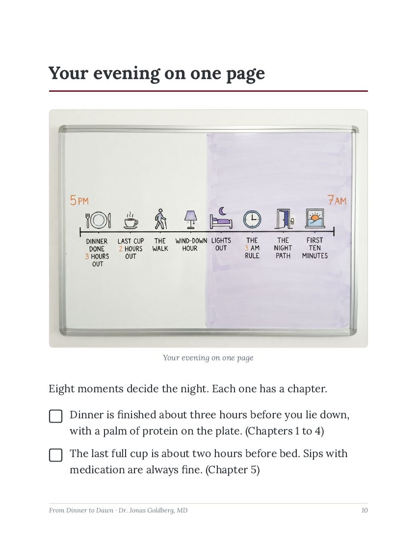 Book page with a whiteboard timeline of the evening from dinner to dawn